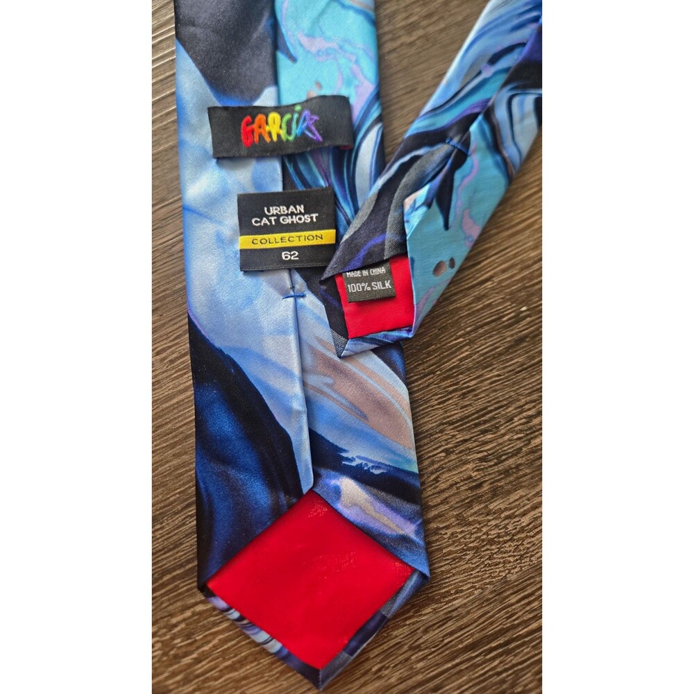 Garcia Urban Cat Ghost Collection 62 100% Silk Abstract Art Tie Blue Purple